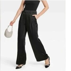 A New Day Pants Satin Wide Leg Pleated Trouser Womens 10 NWT Black